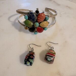 Multicolor Stone Silver Bracelet and Earrings Set